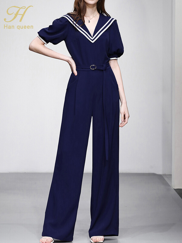 H Han Queen Summe Elegantsed Business Jumpsuits Naiste puhvis varrukad laia säärega, pikad mängukostüümid vabaaja kontoris kõrge vöökohaga püksid