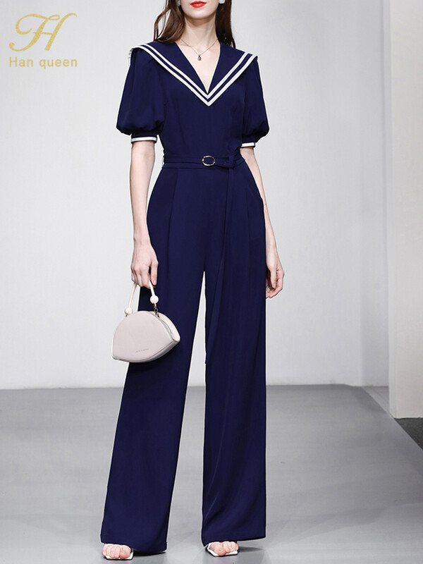 H Han Queen Summe Elegantsed Business Jumpsuits Naiste puhvis varrukad laia säärega, pikad mängukostüümid vabaaja kontoris kõrge vöökohaga püksid