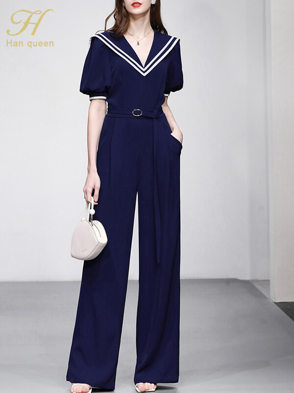 H Han Queen Summe Elegantsed Business Jumpsuits Naiste puhvis varrukad laia säärega, pikad mängukostüümid vabaaja kontoris kõrge vöökohaga püksid