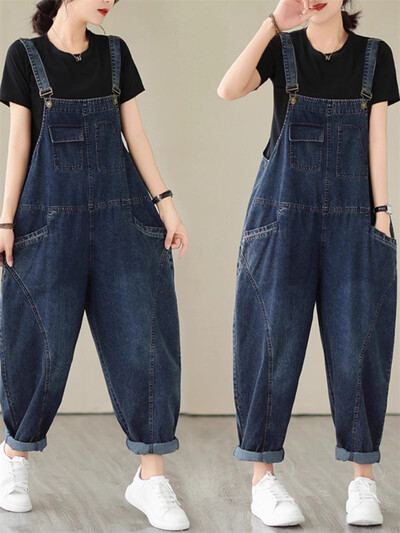 Őszi női farmer jumpsuit 2023 új irodalmi és művészi túlméretezett laza karcsúsító függőnadrág design pántos farmer overál Z2577