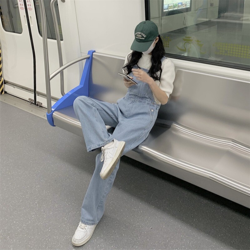 Ženske ravne traper traperice u korejskom stilu široke široke nogavice Jednobojni kombinezoni Proljeće Jesen Ležerni kombinezon Hlače Ženska ulična odjeća