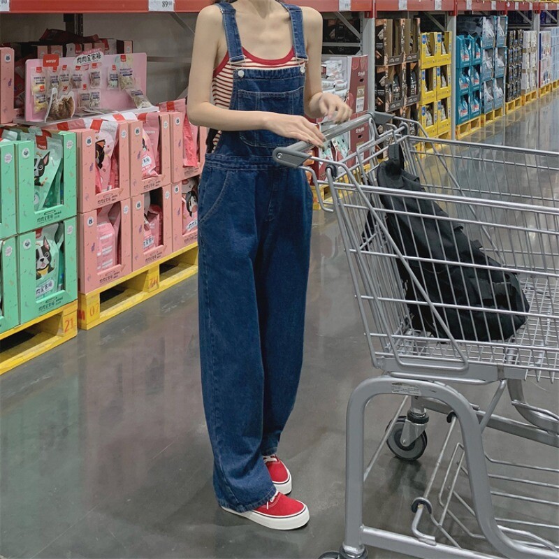 Ženske ravne traper traperice u korejskom stilu široke široke nogavice Jednobojni kombinezoni Proljeće Jesen Ležerni kombinezon Hlače Ženska ulična odjeća