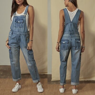 2023-as farmer Vintage női jumpsuit, széles lábú zsebgombos vékony kék nadrágtartó, divatos, osztott laza női jumpsuit