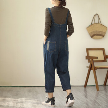 Literary Loose Women Denim Playsuit Άνοιξη Φθινόπωρο Αντίθεση Χρώμα Casual Ευέλικτο Ψηλόμεσο Πλυμένο Απλή άνετη γυναικεία φόρμα