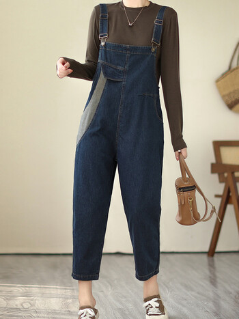 Literary Loose Women Denim Playsuit Άνοιξη Φθινόπωρο Αντίθεση Χρώμα Casual Ευέλικτο Ψηλόμεσο Πλυμένο Απλή άνετη γυναικεία φόρμα