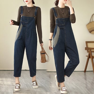 Literary Loose Women Denim Playsuit Άνοιξη Φθινόπωρο Αντίθεση Χρώμα Casual Ευέλικτο Ψηλόμεσο Πλυμένο Απλή άνετη γυναικεία φόρμα