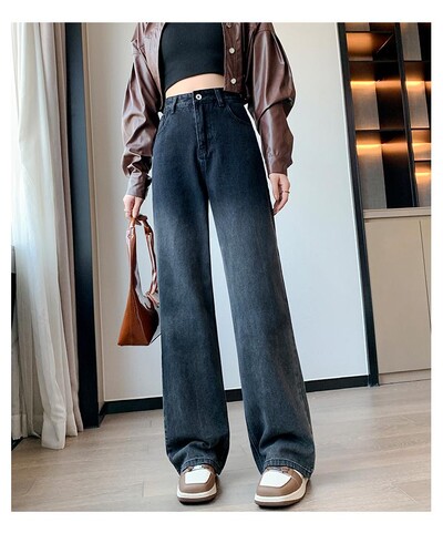 Retro crne široke traperice s gradijentom Ženska moda Proljeće Jesen Visokog struka Svestrane hlače veće veličine Traper hlače širokih nogavica Ulične