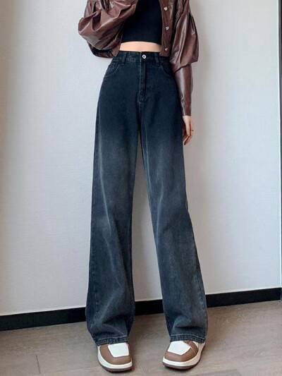 Blugi largi cu gradient negru retro Moda femei primăvară toamnă cu talie înaltă versatili pantaloni de mărime mare Pantaloni largi din denim stradă