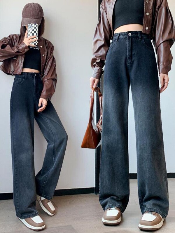 Retro crne široke traperice s gradijentom Ženska moda Proljeće Jesen Visokog struka Svestrane hlače veće veličine Traper hlače širokih nogavica Ulične