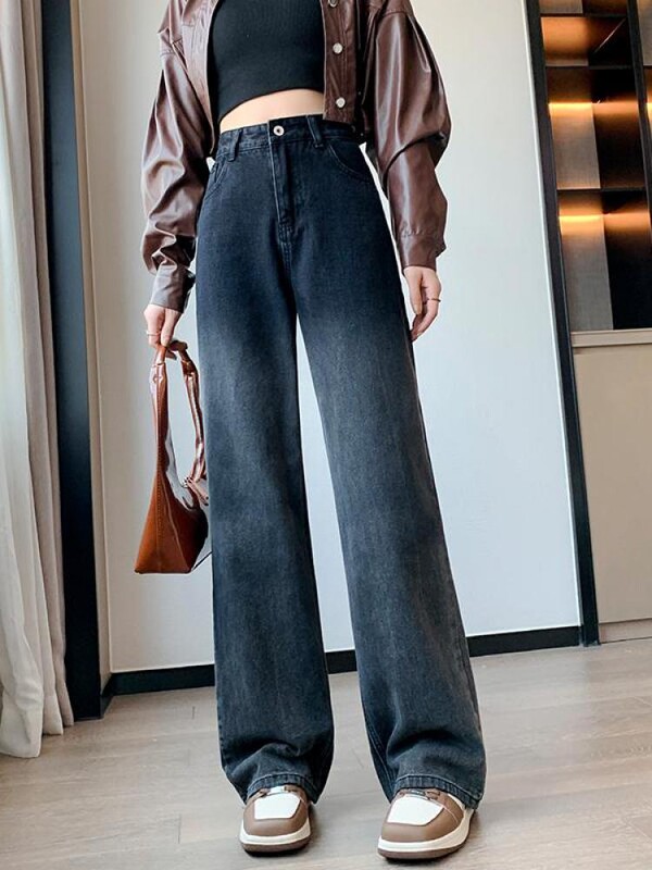 Retro crne široke traperice s gradijentom Ženska moda Proljeće Jesen Visokog struka Svestrane hlače veće veličine Traper hlače širokih nogavica Ulične