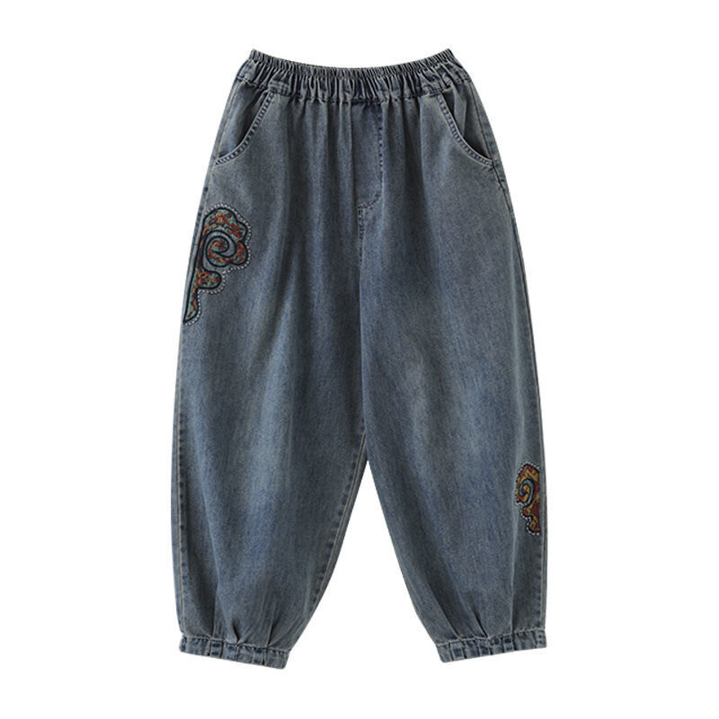 Mom vrećaste vezene harem traperice s elastičnim visokim strukom ležerne korejske modne široke Vaqueros ulične vintage ženske traper hlače