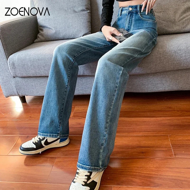 Jesenska robna marka ZOENOVA Traperice ravnih nogavica Ženske modne plave hlače 2023. korejski Y2K Vintage rastezljivi traper