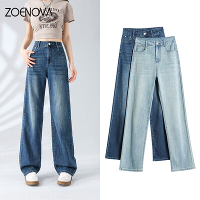 ZOENOVA American Retro Street Cool Girl Lyocell Mătase de gheață Blugi cu picioare largi de vară Pantaloni subțiri cu talie înaltă largi, simpli, până la podea