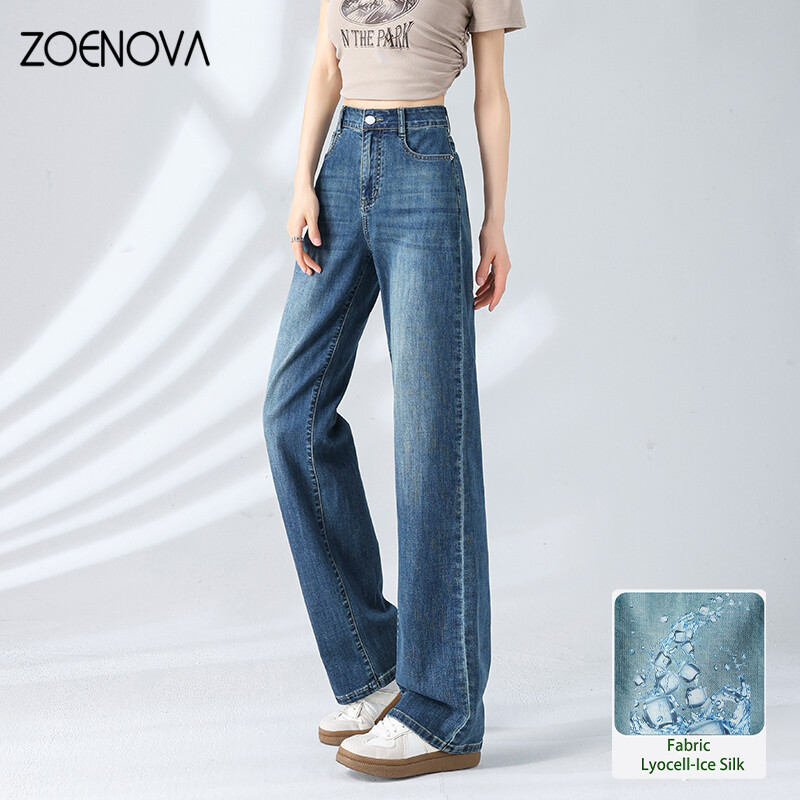 ZOENOVA American Retro Street Cool Girl Lyocell Ice Silk široke traperice Ljetne tanke široke hlače visokog struka, jednostavne široke hlače do poda