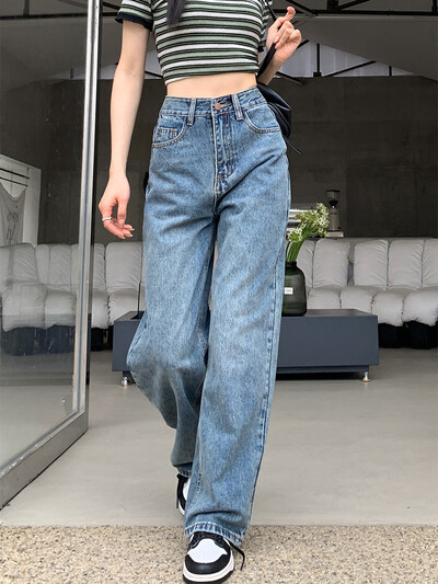 Blugi cu talie înaltă Pantaloni de denim pentru femei 2024 Y2k Pantaloni largi Pantaloni albaștri Lungime întreagă Moda coreeană Blugi drepti cu nasturi de mama