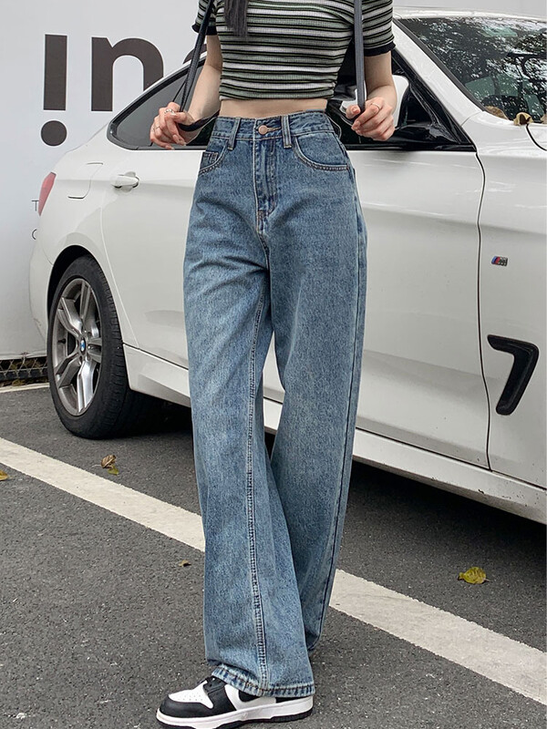 Дънки с висока талия Дамски дънкови панталони 2024 Y2k Широки панталони Сини панталони Корейски модни прави дънки с копчета с пълна дължина