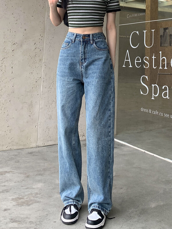 Дънки с висока талия Дамски дънкови панталони 2024 Y2k Широки панталони Сини панталони Корейски модни прави дънки с копчета с пълна дължина