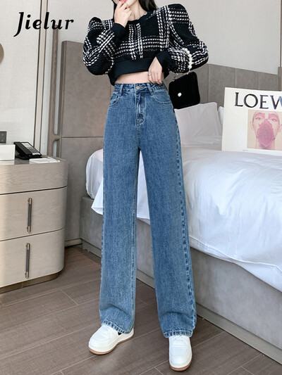 Jielur New Slim Casual Street Straight Blugi femei Toamna Simplu Basic Chicly Blugi Femei Albastru Moda Pantaloni cu talie înaltă Femei