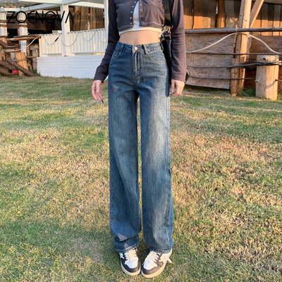 ZOENOVA Harajuku Street Fashion Blugi de damă Pantaloni simpli de lungime întreagă cu picioare largi 2024 de primăvară Retro Pantaloni drepți cu talie înaltă