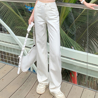 Femei cu talie înaltă, blugi largi, cu picioare largi, damă, non-strech, cu picioare drepte, fete, alb, albastru deschis, albastru adânc, pantaloni din denim coreean