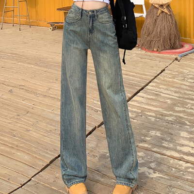 Femei cu talie înaltă, blugi largi, cu picioare largi, damă, non-strech, cu picioare drepte, fete, alb, albastru deschis, albastru adânc, pantaloni din denim coreean