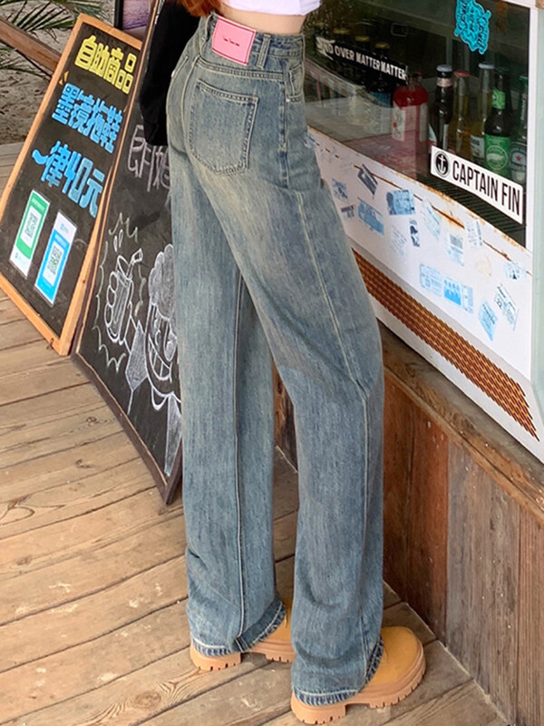 Femei cu talie înaltă, blugi largi, cu picioare largi, damă, non-strech, cu picioare drepte, fete, alb, albastru deschis, albastru adânc, pantaloni din denim coreean