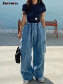 Korejska moda za žene široke traperice Ženska nova ulična odjeća za 2024. Ženska dugmad visokog struka Kargo džepni dizajn Duge hlače