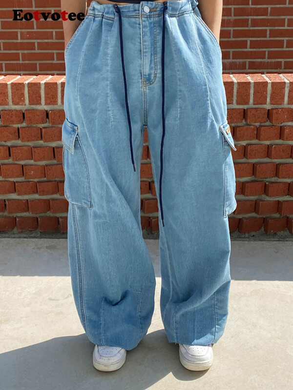 Korejska moda za žene široke traperice Ženska nova ulična odjeća za 2024. Ženska dugmad visokog struka Kargo džepni dizajn Duge hlače