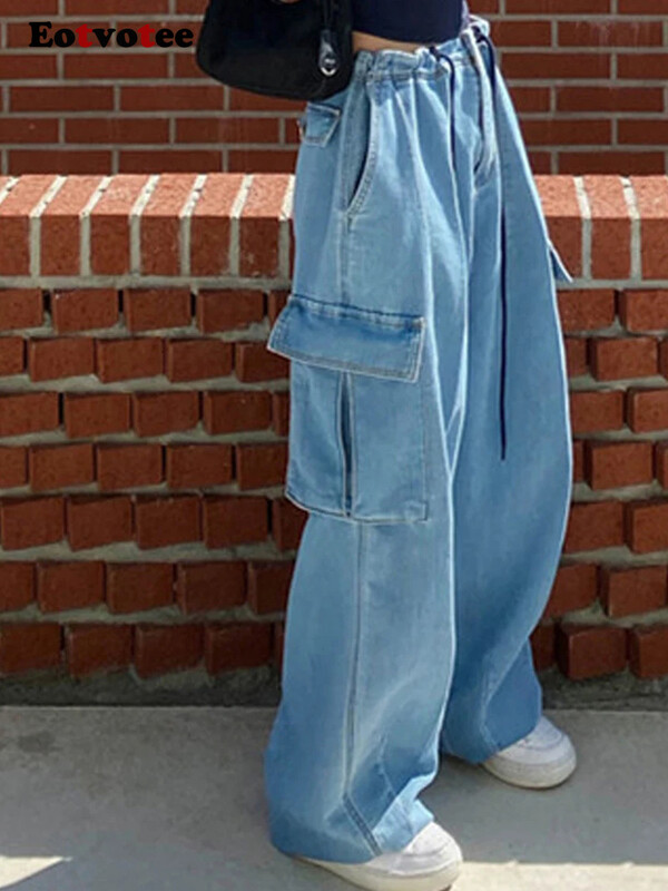 Korejska moda za žene široke traperice Ženska nova ulična odjeća za 2024. Ženska dugmad visokog struka Kargo džepni dizajn Duge hlače
