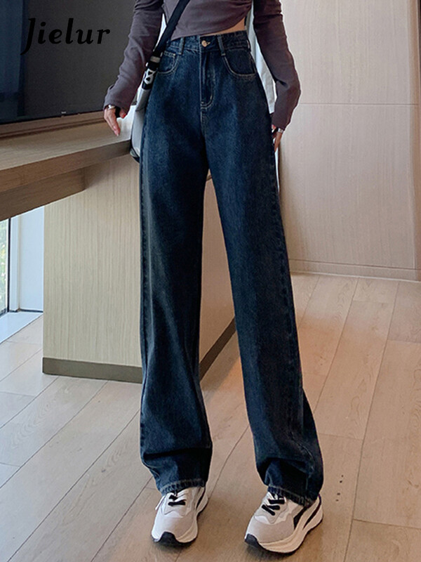 Jielur tamnoplave ravne osnovne ženske traperice visokog struka uske široke jednobojne jednostavne ženske hlače širokih nogavica Chic uredske dame