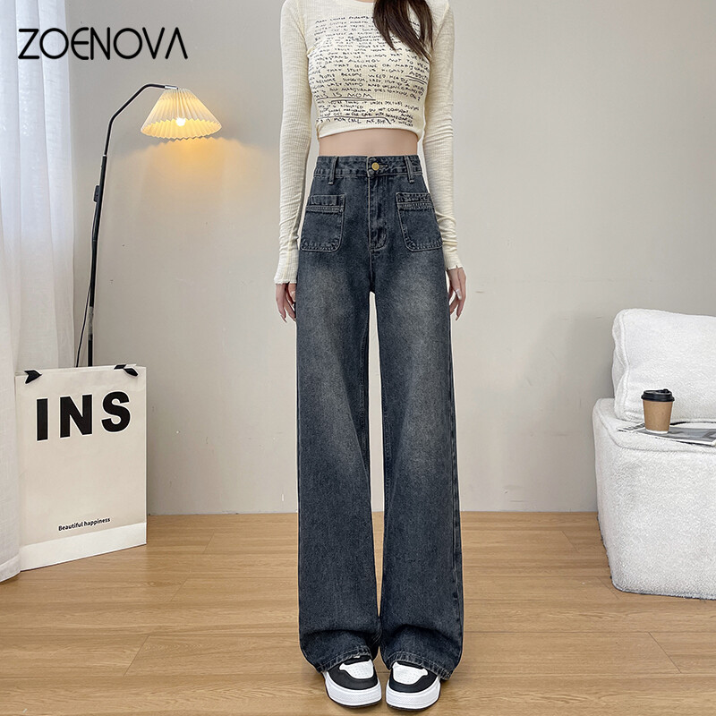 ZOENOVA 2024 kevad, uued naiste vabaaja laia säärega püksid Tänavamood teksad Retro kõrge vöökohaga sirge säärega Y2K nostalgiapüksid