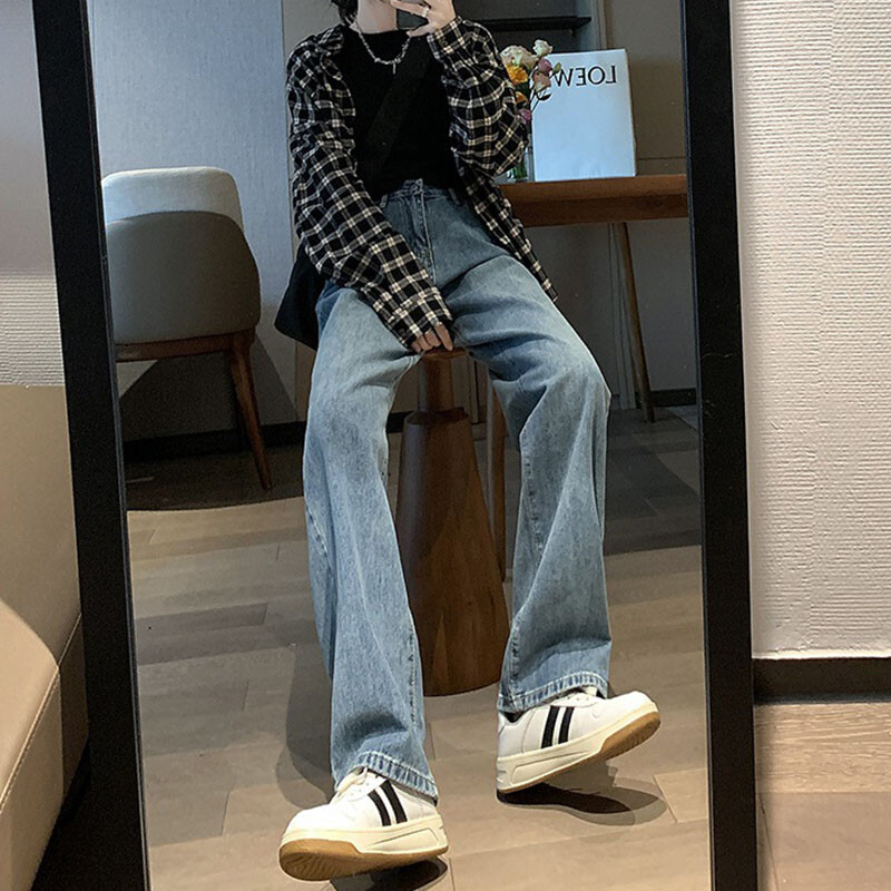 Blugi de damă cu talie înaltă, cu picioare largi, de vară, subțiri, vintage, cu picioare drepte, blugi la modă pentru curățarea podelei
