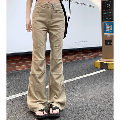 Naine Kõrge vöökohaga mood, lahtised teksad Naised Ameerika vabaaja püksid, püksid, tüdrukud, disain, khakivärvi teksariidest püksid