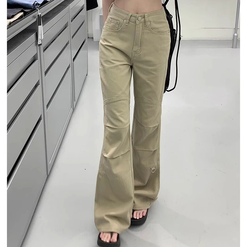 Naine Kõrge vöökohaga mood, lahtised teksad Naised Ameerika vabaaja püksid, püksid, tüdrukud, disain, khakivärvi teksariidest püksid