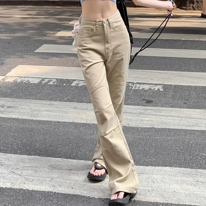 Naine Kõrge vöökohaga mood, lahtised teksad Naised Ameerika vabaaja püksid, püksid, tüdrukud, disain, khakivärvi teksariidest püksid