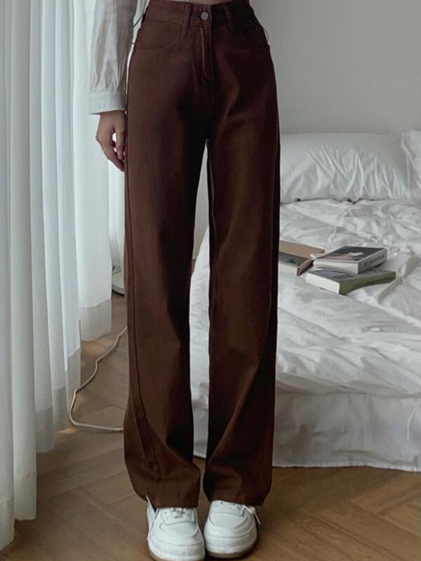 Suvised naiste pruunid teksad kõrge vöökohaga lahtised sirged laiad teksapüksid naiste Y2k vabaaja tänavarõivad vintage kottis püksid