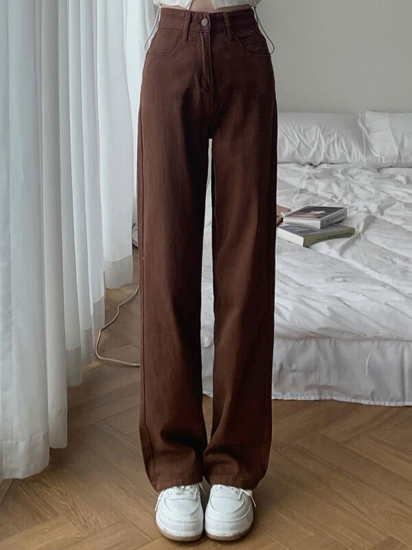 Suvised naiste pruunid teksad kõrge vöökohaga lahtised sirged laiad teksapüksid naiste Y2k vabaaja tänavarõivad vintage kottis püksid