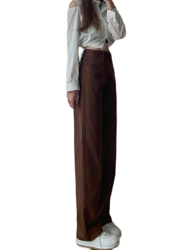 Suvised naiste pruunid teksad kõrge vöökohaga lahtised sirged laiad teksapüksid naiste Y2k vabaaja tänavarõivad vintage kottis püksid