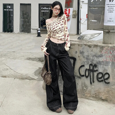 Ameerika stiilis kõrge vöökohaga laia säärega mustad teksad naistele Uued 2024. aasta kevad/sügis Korea vabad sirge säärega püksid