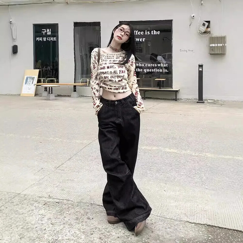 Ameerika stiilis kõrge vöökohaga laia säärega mustad teksad naistele Uued 2024. aasta kevad/sügis Korea vabad sirge säärega püksid