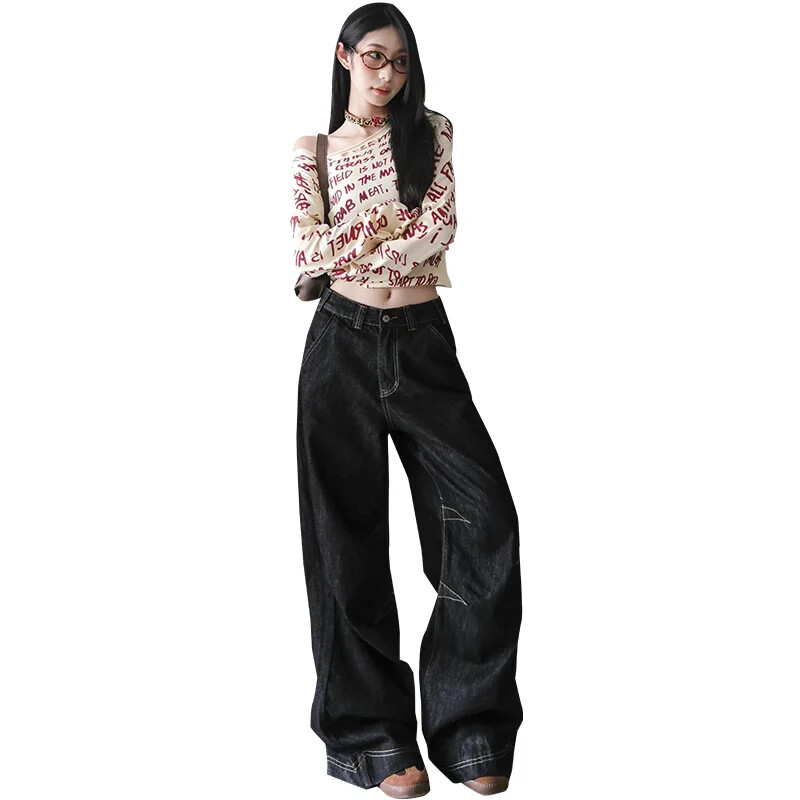 Ameerika stiilis kõrge vöökohaga laia säärega mustad teksad naistele Uued 2024. aasta kevad/sügis Korea vabad sirge säärega püksid