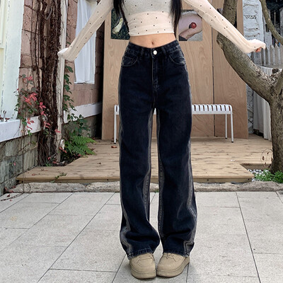 Femeie talie înaltă de designer blugi cu picioare largi Fete Harajuku pantaloni cu picioare drepte haine pentru femeie Grunge Pantaloni largi din denim gri negru