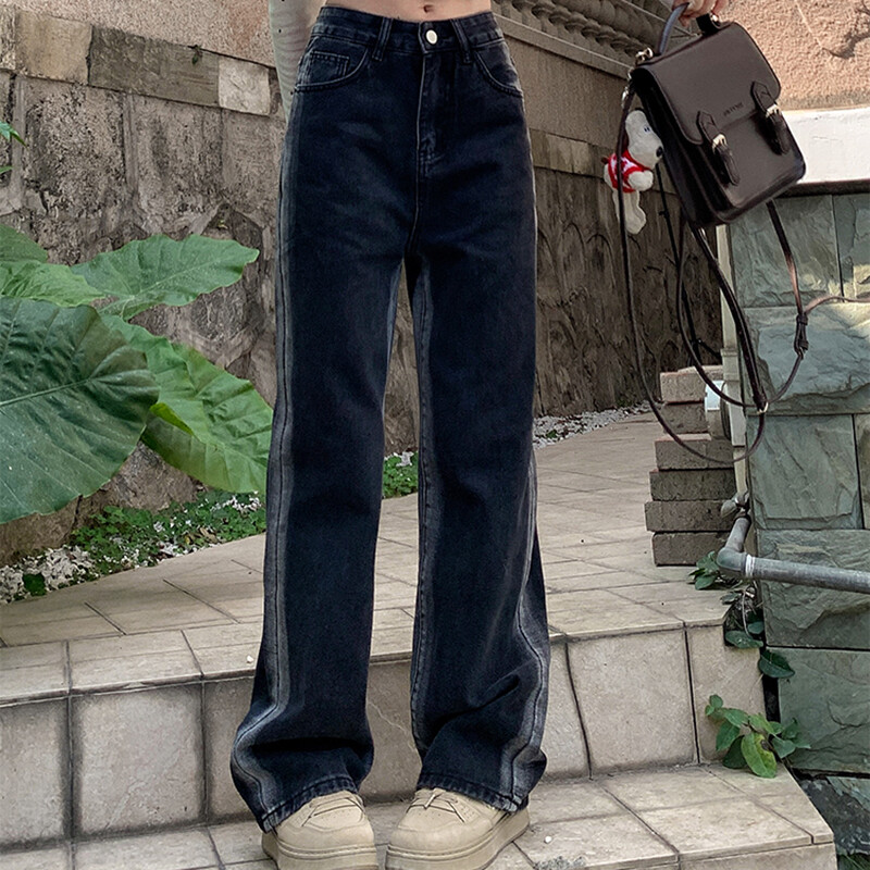 Ženske dizajnerske široke traperice visokog struka Djevojke Harajuku hlače ravnih nogavica Ženska grunge odjeća Crno sive traper široke hlače