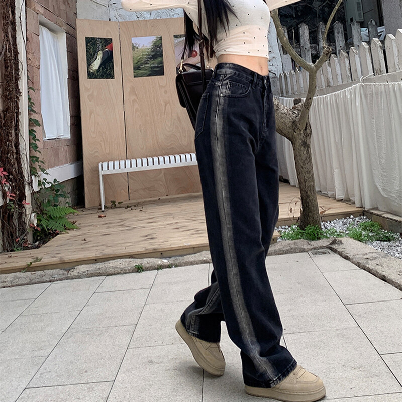 Ženske dizajnerske široke traperice visokog struka Djevojke Harajuku hlače ravnih nogavica Ženska grunge odjeća Crno sive traper široke hlače