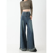 Suures suuruses teksad Naiste kõrge vöökoht lahtised retro kulunud servad Salendav tutt laiad püksid Mood Mitmekülgsed rõivad Sügis Talv