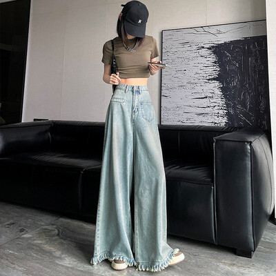 Suures suuruses teksad Naiste kõrge vöökoht lahtised retro kulunud servad Salendav tutt laiad püksid Mood Mitmekülgsed rõivad Sügis Talv