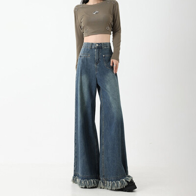 Suures suuruses teksad Naiste kõrge vöökoht lahtised retro kulunud servad Salendav tutt laiad püksid Mood Mitmekülgsed rõivad Sügis Talv