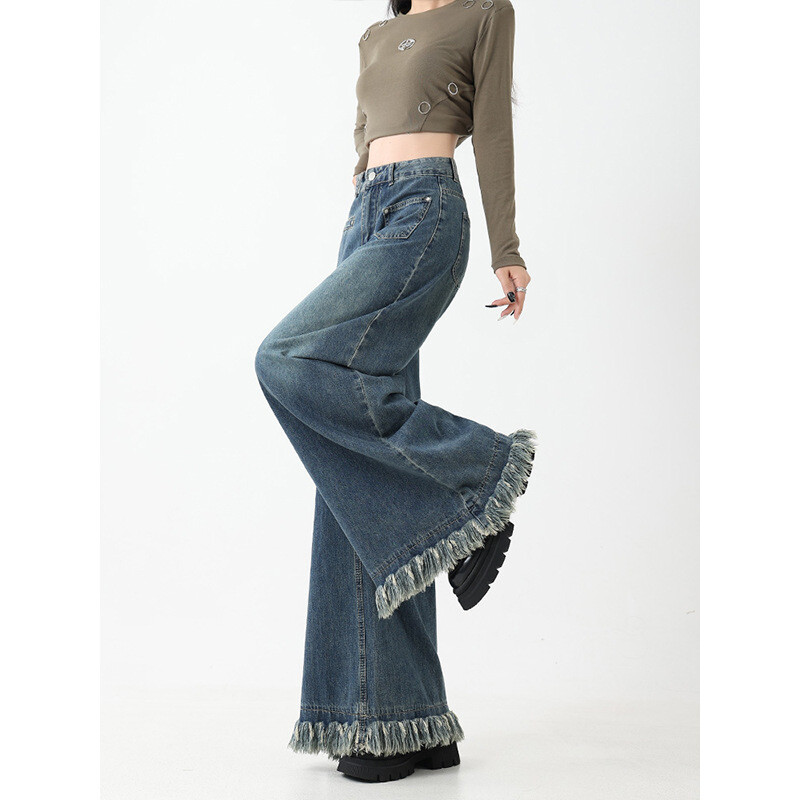 Suures suuruses teksad Naiste kõrge vöökoht lahtised retro kulunud servad Salendav tutt laiad püksid Mood Mitmekülgsed rõivad Sügis Talv