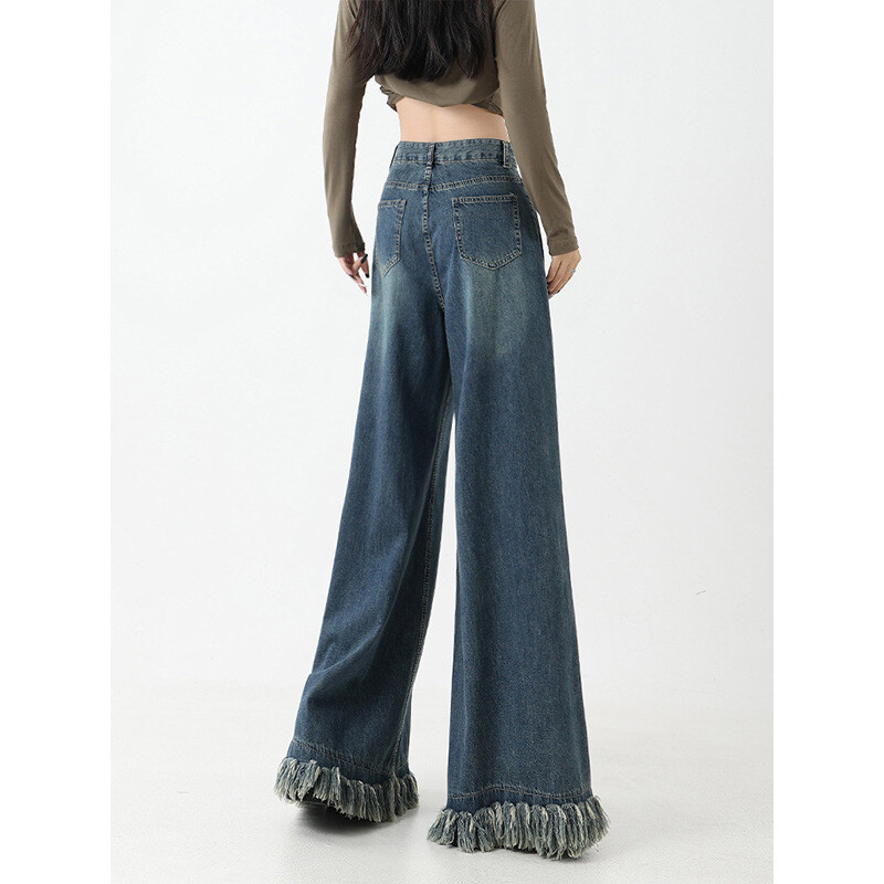 Suures suuruses teksad Naiste kõrge vöökoht lahtised retro kulunud servad Salendav tutt laiad püksid Mood Mitmekülgsed rõivad Sügis Talv