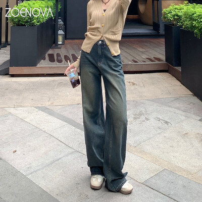 ZOENOVA de primăvară noi pantaloni retro spălați cu picioare largi, blugi de modă pentru femei, pantaloni de denim, drepți, versatili, eleganti cu talie înaltă de birou
